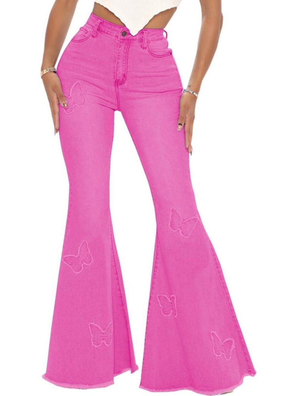 High-Waisted Butterfly Embroidered Bell Bottom Jeans | Flared Raw Hem Denim
